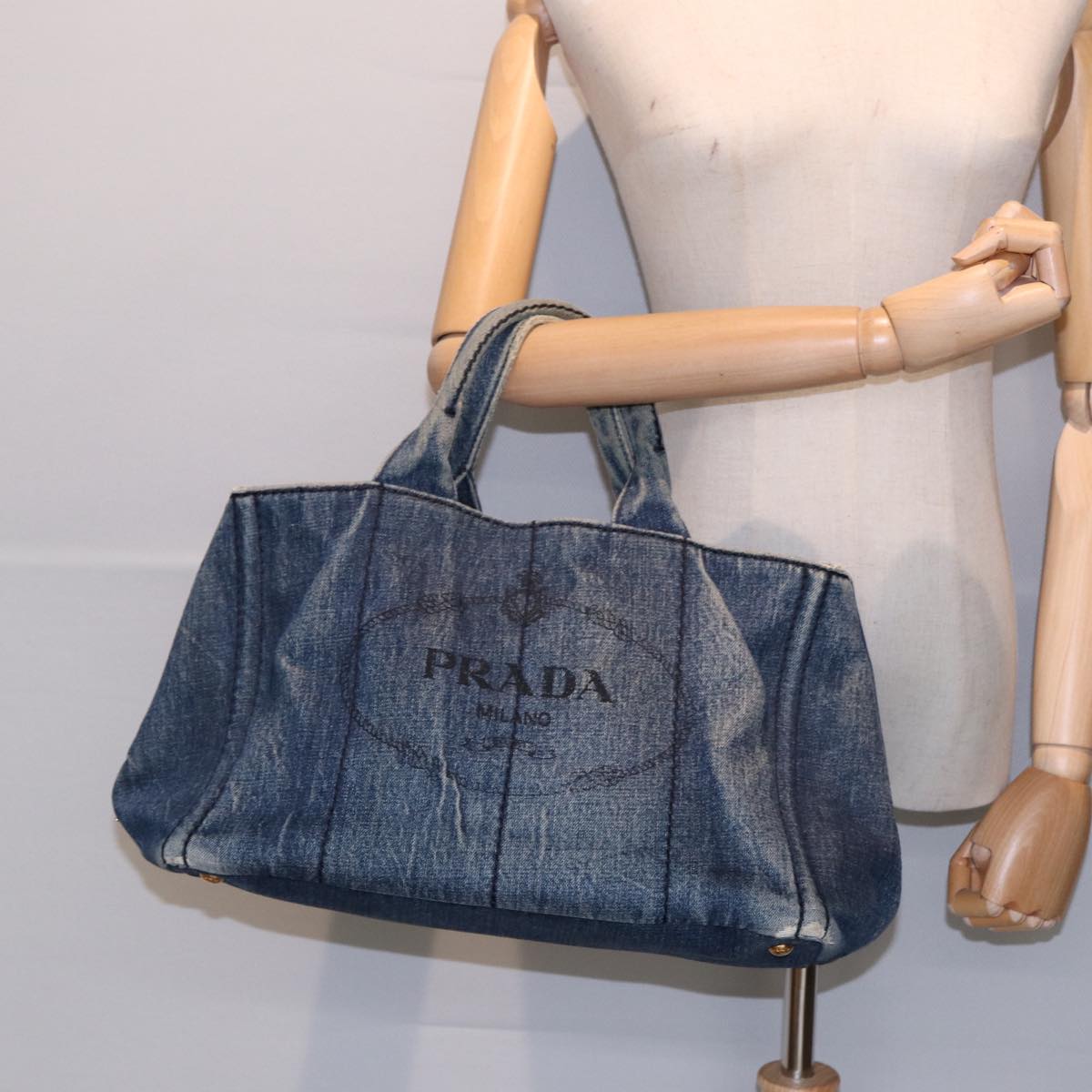 PRADA Canapa MM Hand Bag Denim Blue Gold Auth 86896