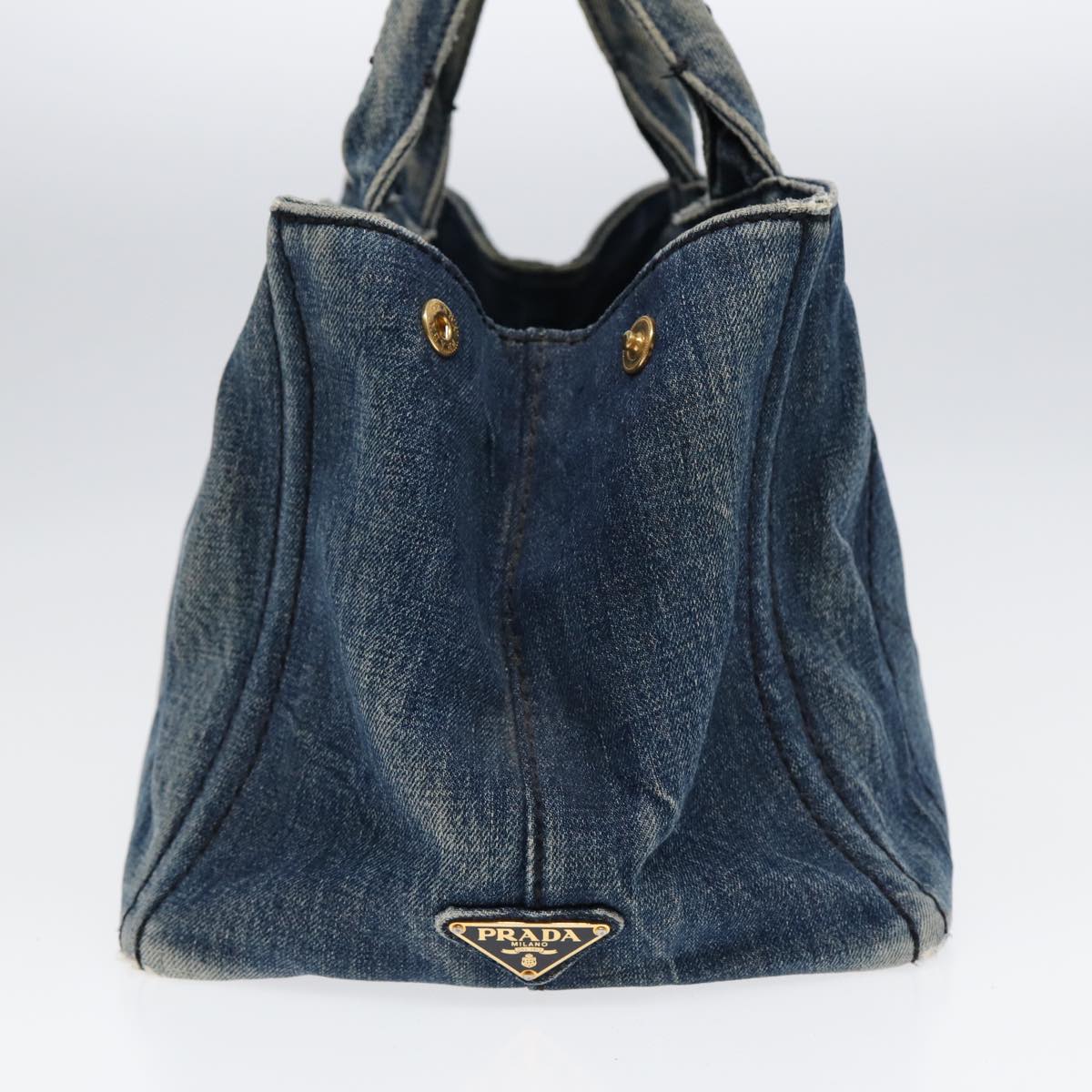 PRADA Canapa MM Hand Bag Denim Blue Gold Auth 86896