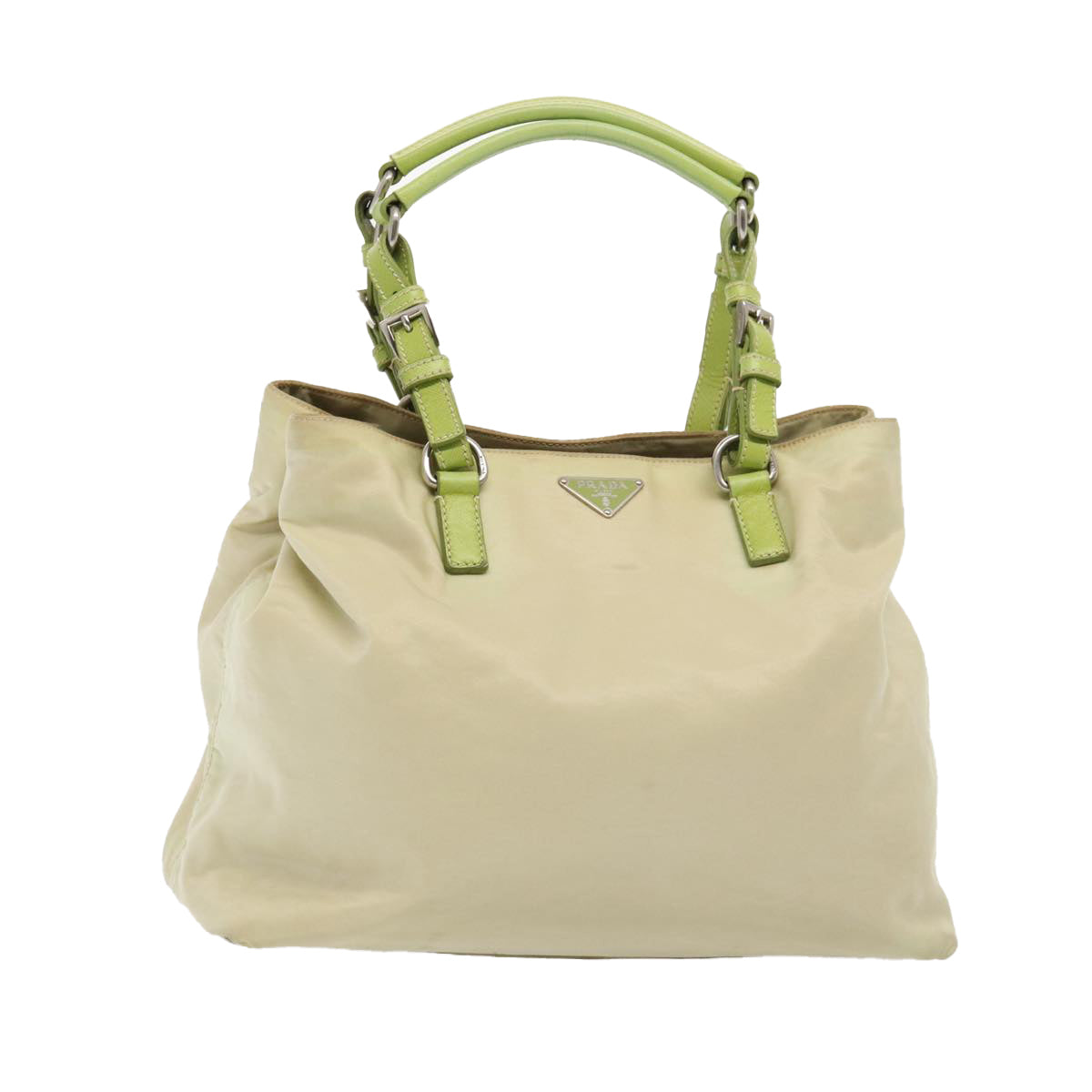 PRADA Tote Bag Nylon Beige Silver Green Auth 86906