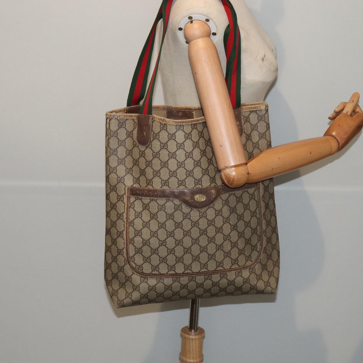 GUCCI GG Supreme Web Sherry Line Tote Bag PVC Red Gold 39 02 003 Auth 86918