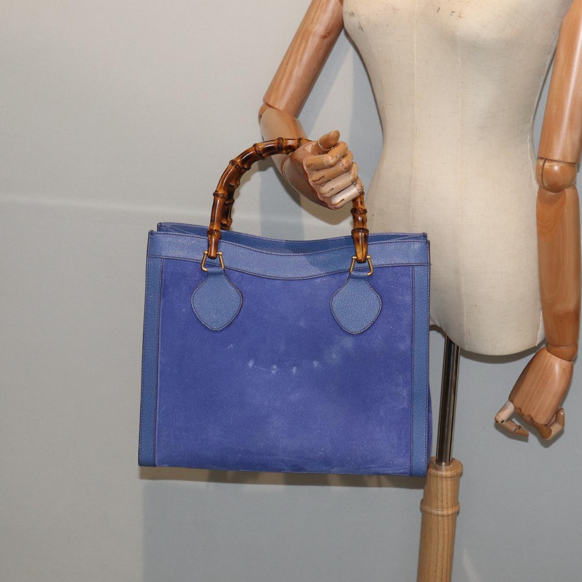 GUCCI Bamboo Hand Bag Suede Leather Blue Gold 002 1186 0260 Auth 86922