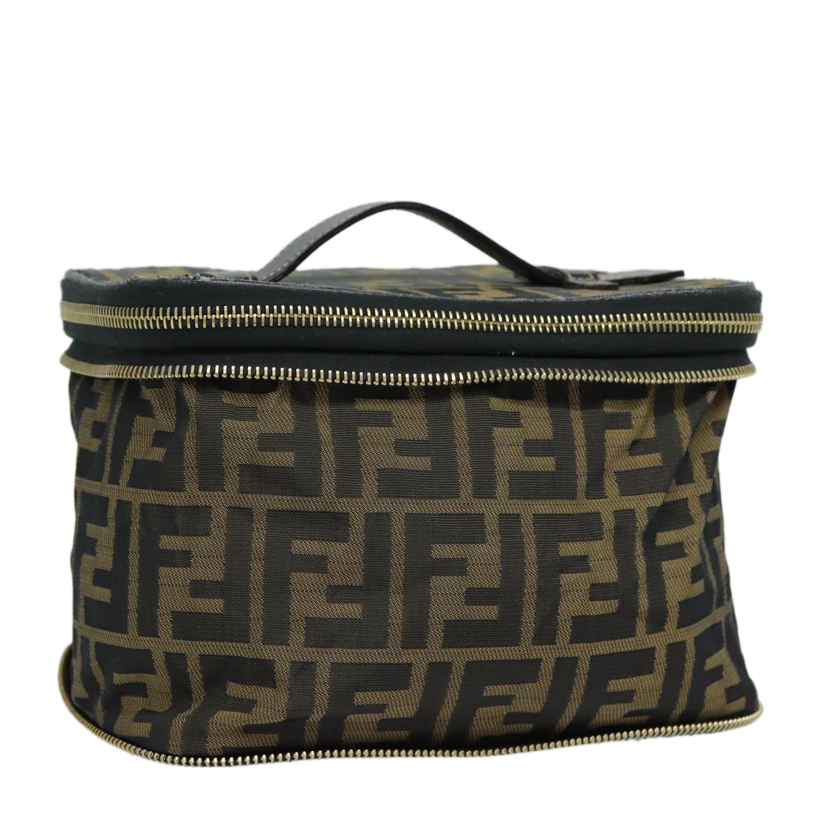 FENDI Zucca Canvas Vanity Pouch Brown Black gold Auth 86934