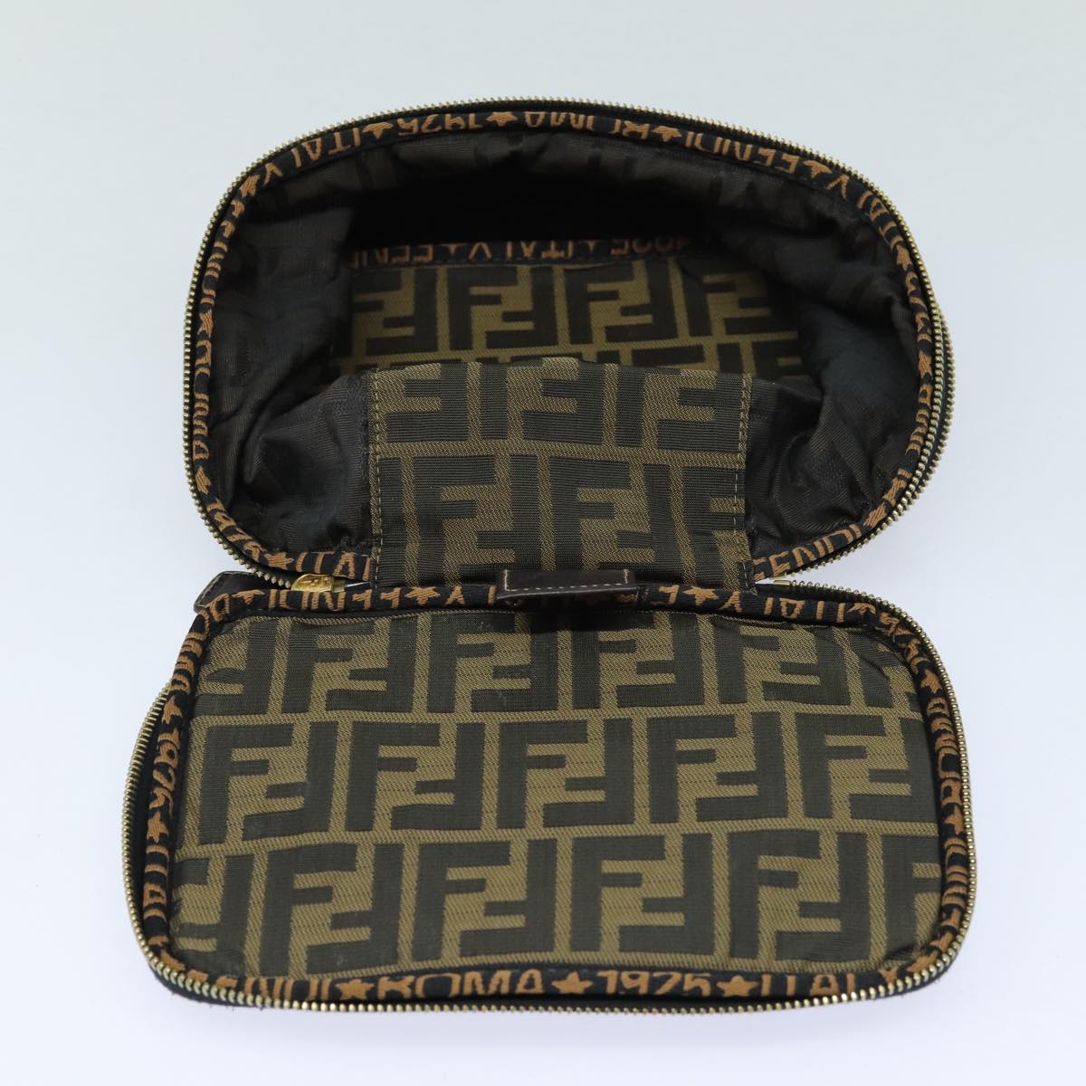 FENDI Zucca Canvas Vanity Pouch Brown Black gold Auth 86934