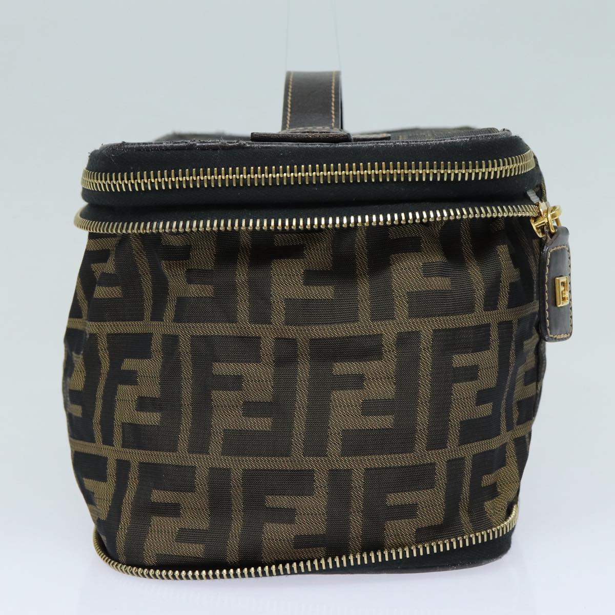 FENDI Zucca Canvas Vanity Pouch Brown Black gold Auth 86934