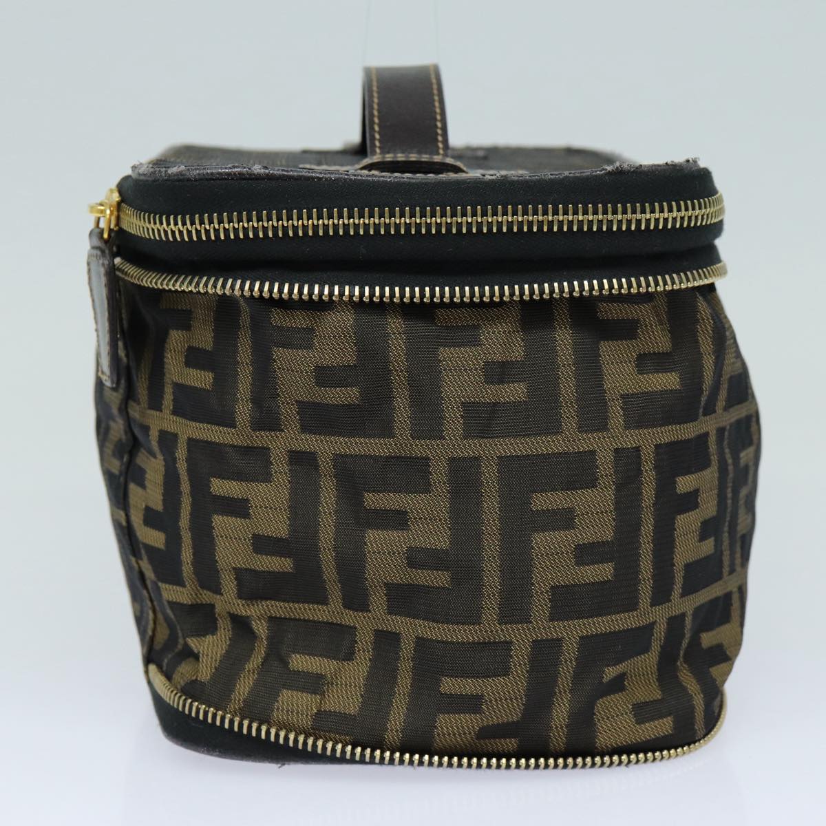 FENDI Zucca Canvas Vanity Pouch Brown Black gold Auth 86934