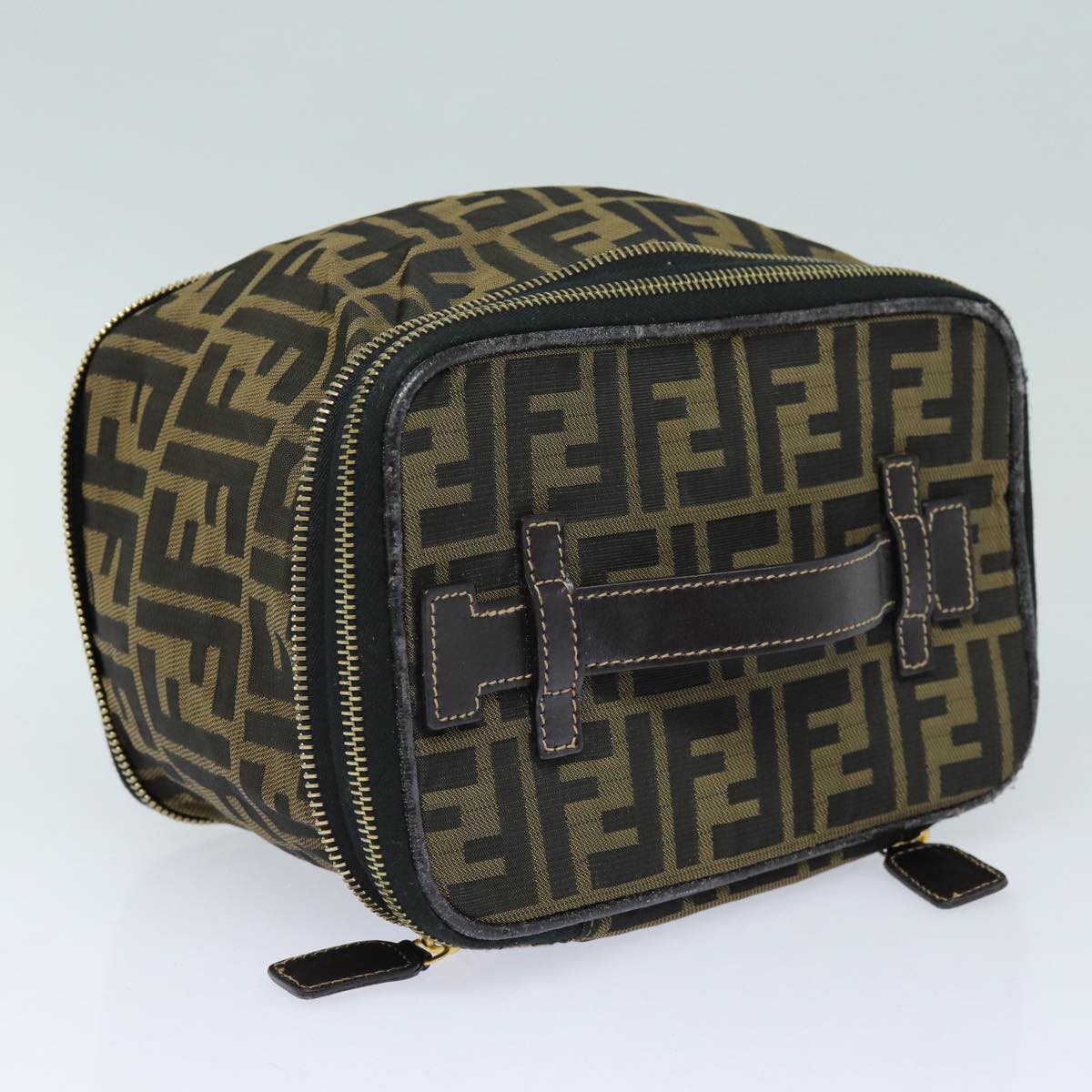 FENDI Zucca Canvas Vanity Pouch Brown Black gold Auth 86934