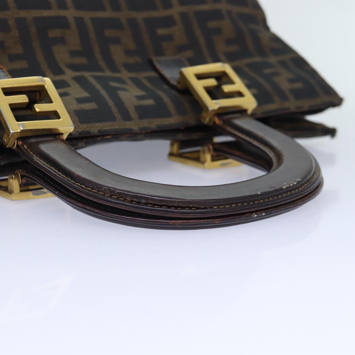 FENDI Zucca Canvas Hand Bag Brown Black gold Auth 86939