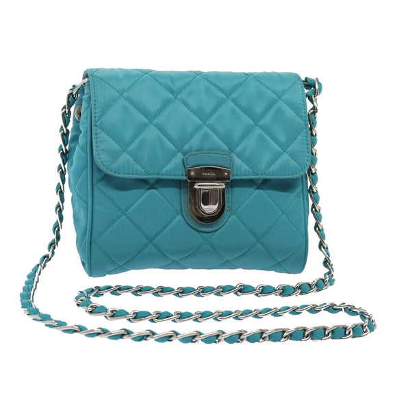 PRADA Chain Shoulder Bag Nylon Turquoise Blue Silver Auth 86958V