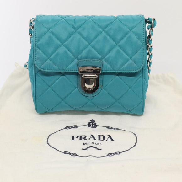 PRADA Chain Shoulder Bag Nylon Turquoise Blue Silver Auth 86958V