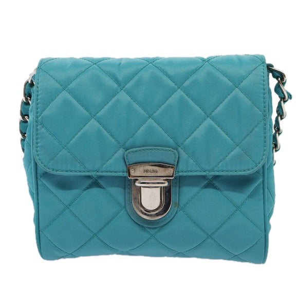 PRADA Chain Shoulder Bag Nylon Turquoise Blue Silver Auth 86958V