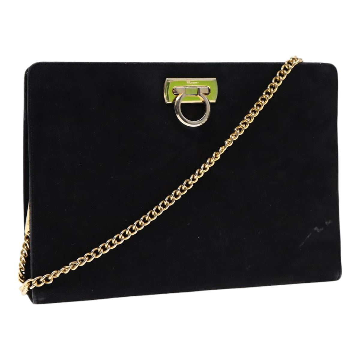 Salvatore Ferragamo Gancini Chain Shoulder Bag Suede Black Gold Auth 86970