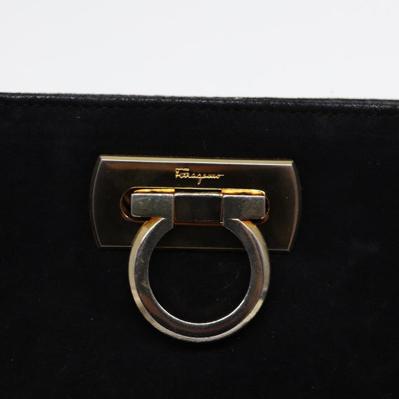 Salvatore Ferragamo Gancini Chain Shoulder Bag Suede Black Gold Auth 86970