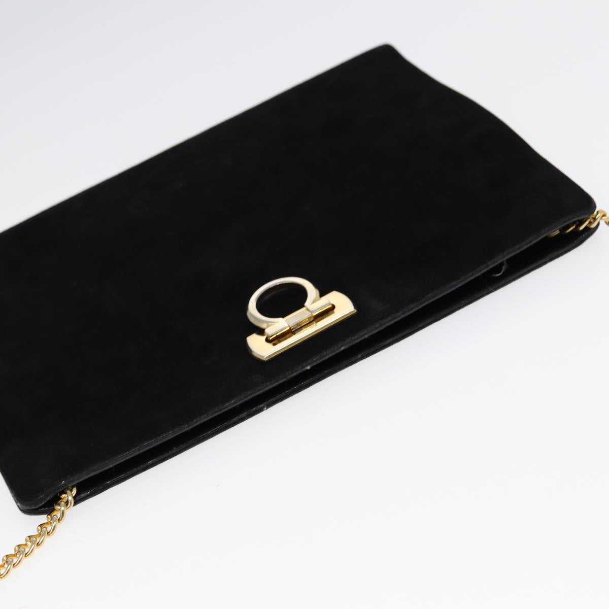 Salvatore Ferragamo Gancini Chain Shoulder Bag Suede Black Gold Auth 86970