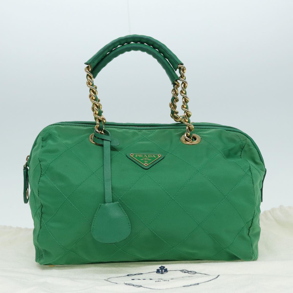 PRADA Hand Bag Nylon Green Gold Auth 86987