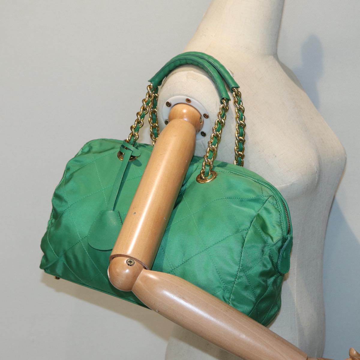 PRADA Hand Bag Nylon Green Gold Auth 86987