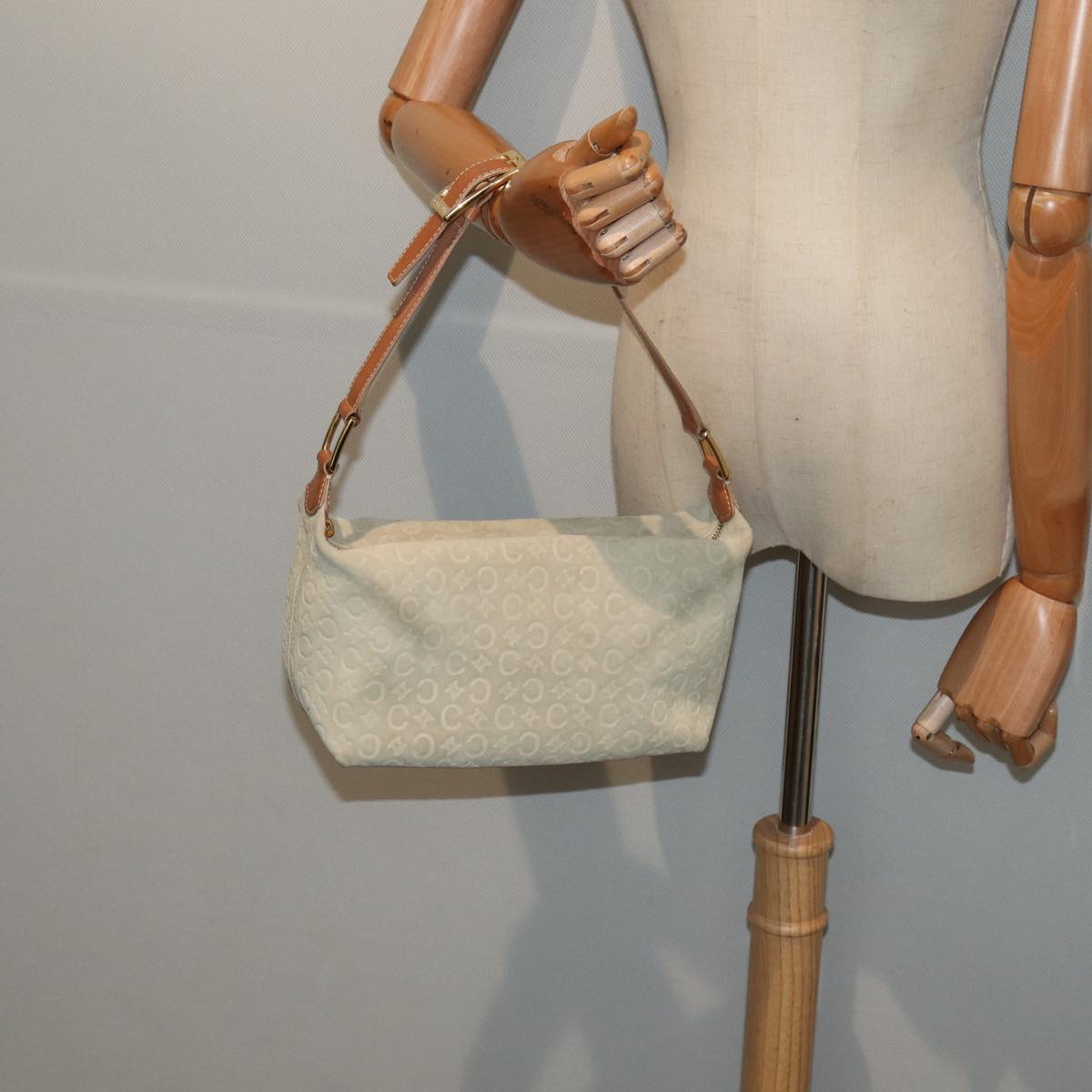 CELINE C Macadam Canvas Hand Bag Suede Cream Brown gold Auth 87002