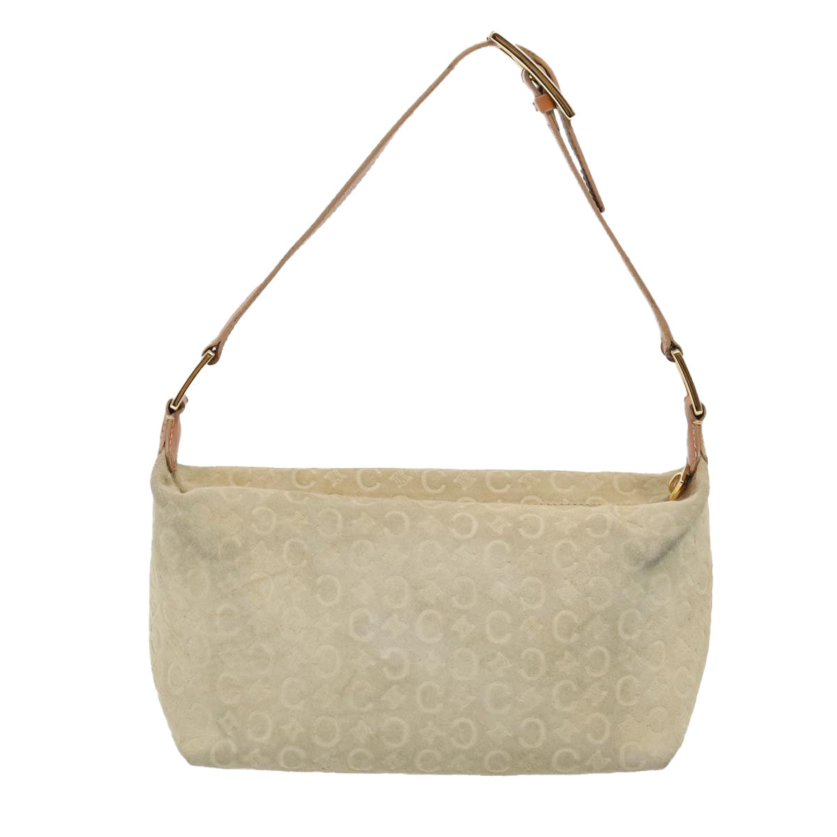 CELINE C Macadam Canvas Hand Bag Suede Cream Brown gold Auth 87002