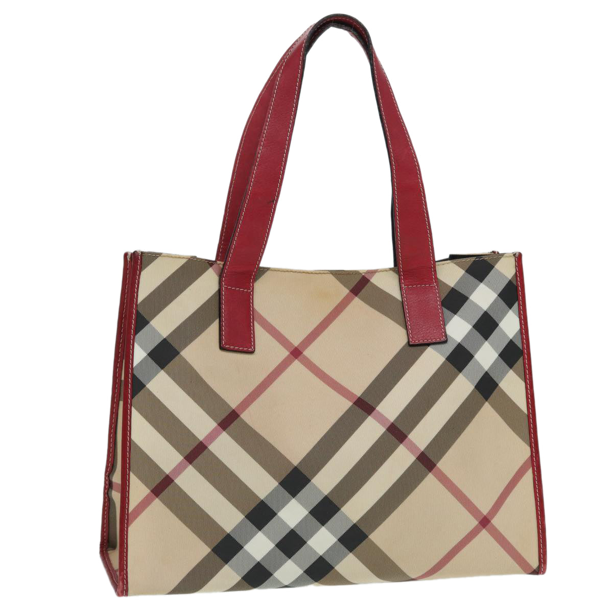 BURBERRY Nova Check Tote Bag Beige Red Silver Auth 87022