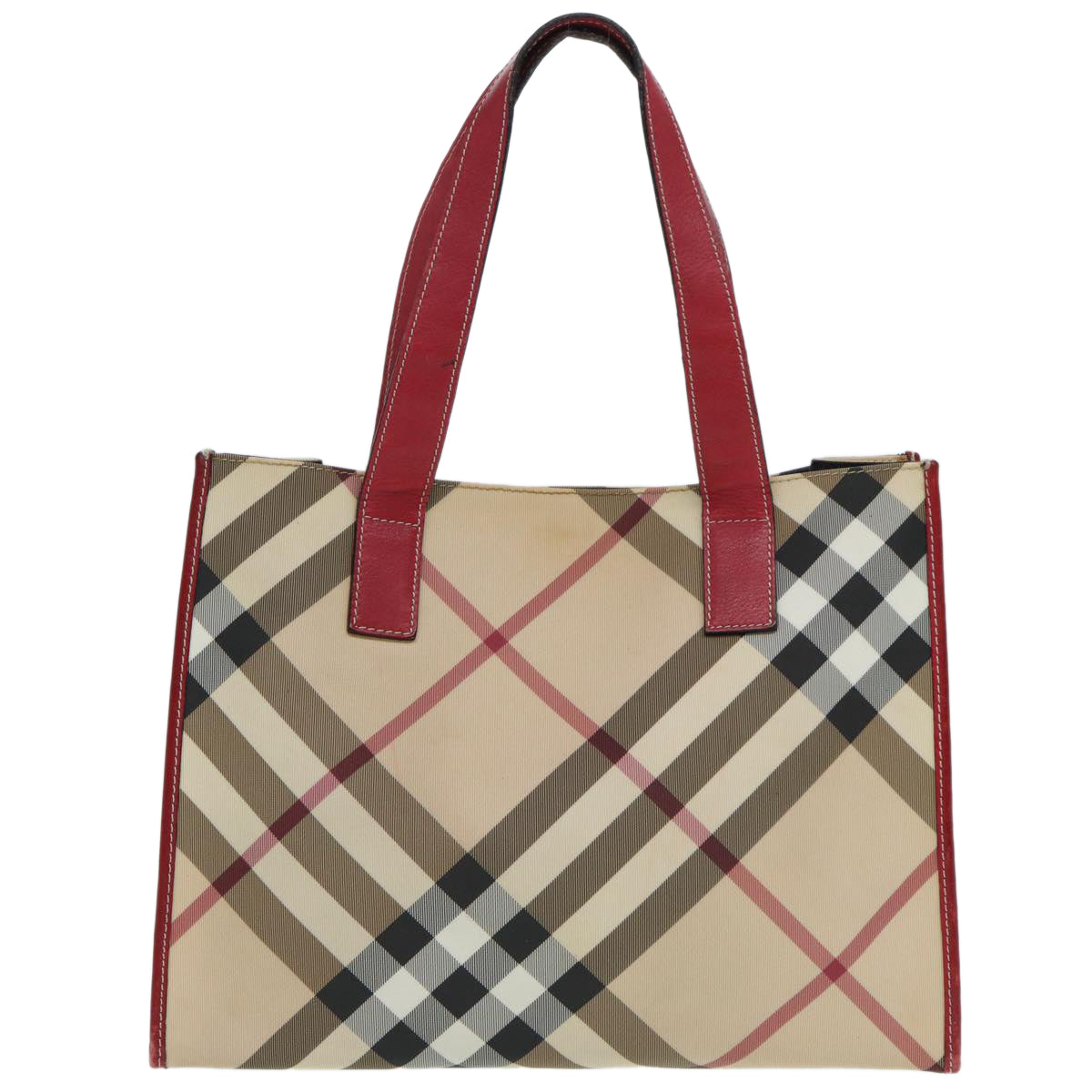 BURBERRY Nova Check Tote Bag Beige Red Silver Auth 87022