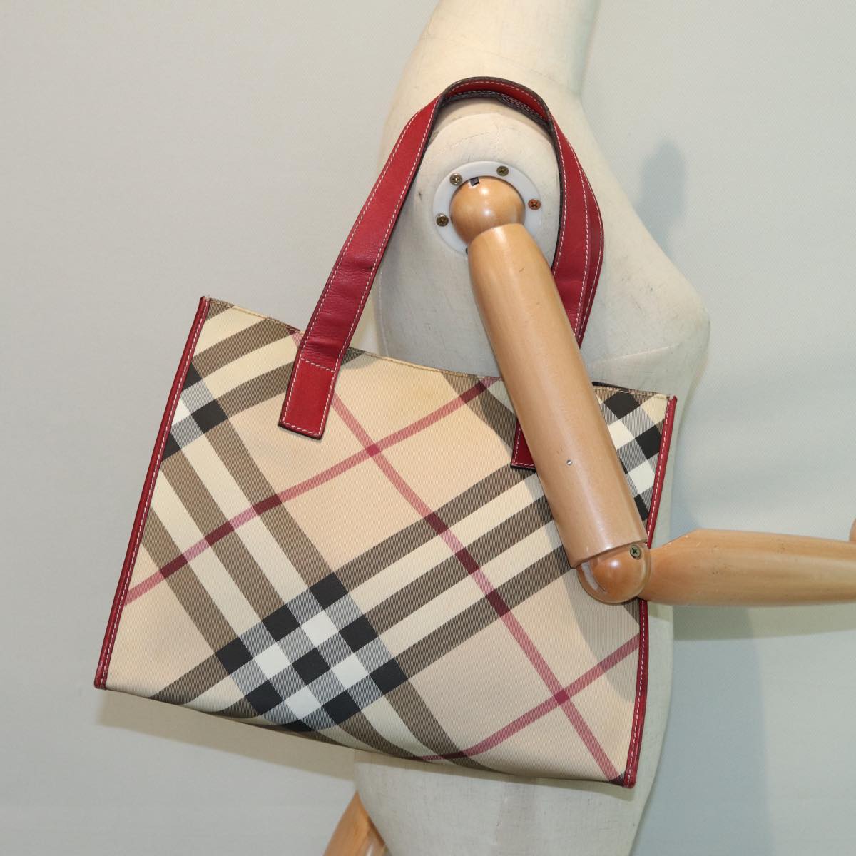 BURBERRY Nova Check Tote Bag Beige Red Silver Auth 87022