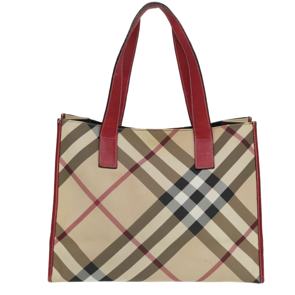 BURBERRY Nova Check Tote Bag Beige Red Silver Auth 87022