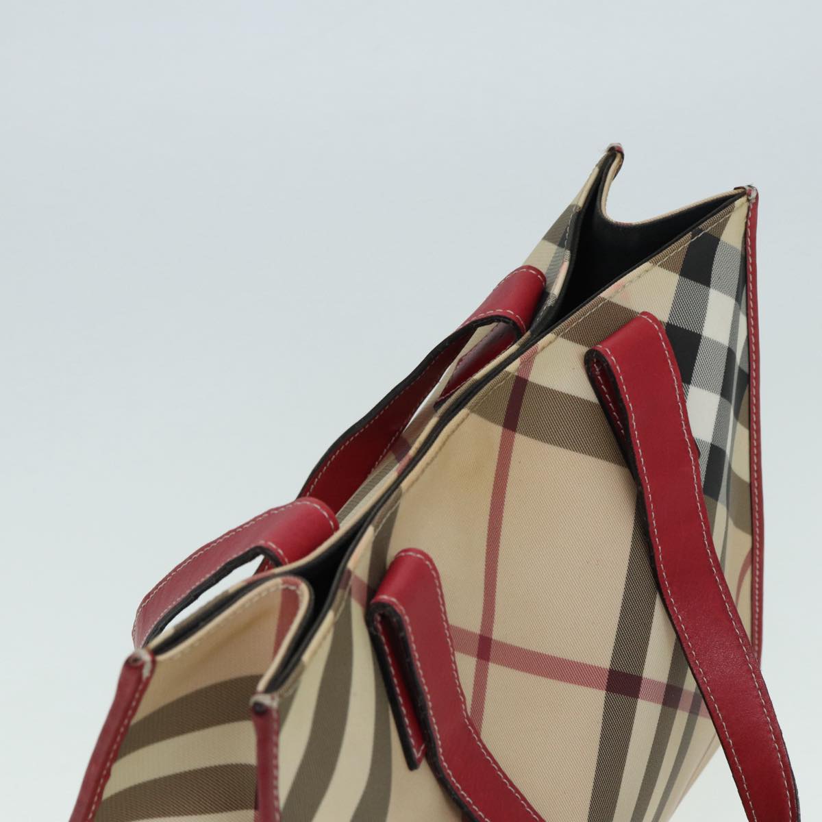 BURBERRY Nova Check Tote Bag Beige Red Silver Auth 87022