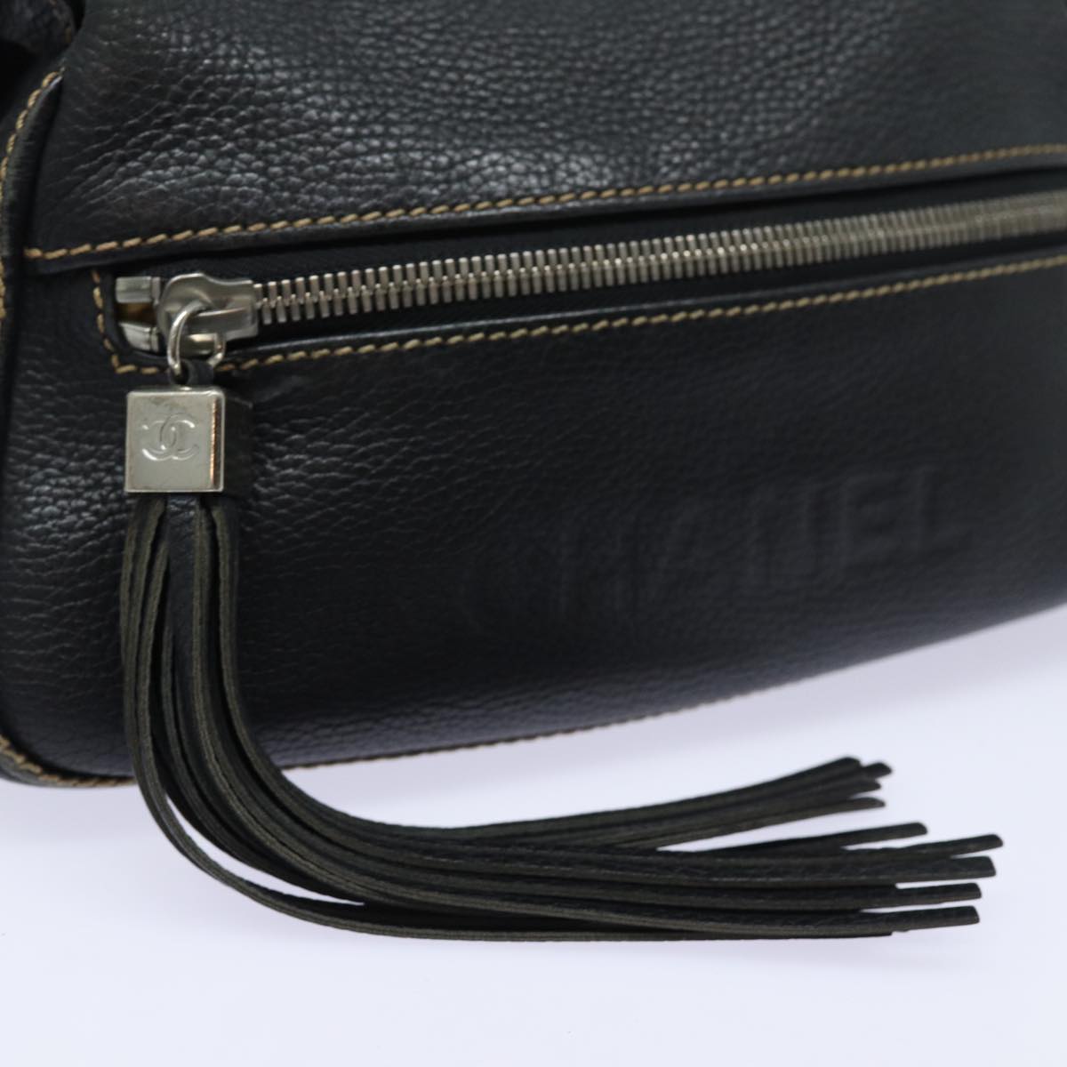 CHANEL Shoulder Bag Leather Black Silver CC Auth 87033