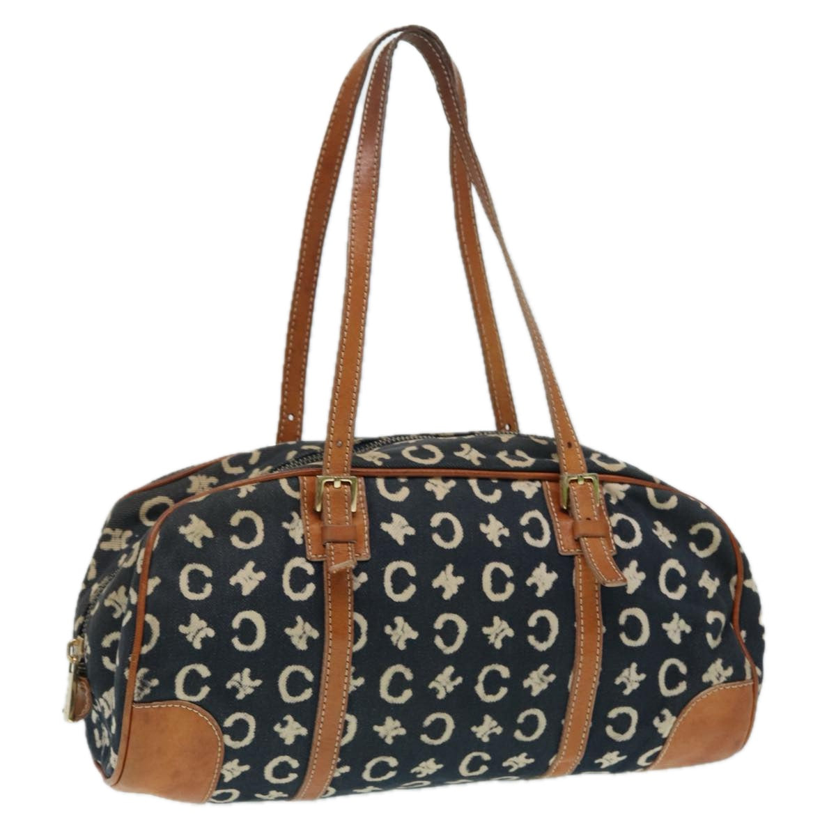 CELINE C Macadam Canvas Hand Bag Navy Gold Auth 87034