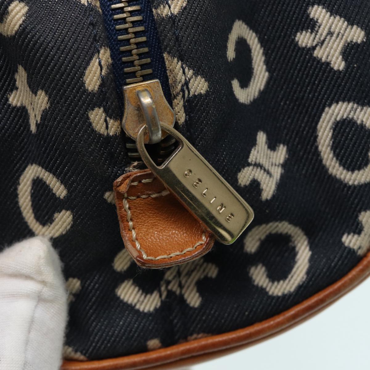 CELINE C Macadam Canvas Hand Bag Navy Gold Auth 87034