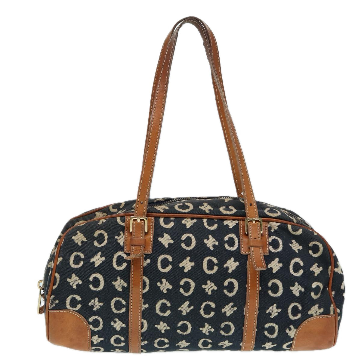 CELINE C Macadam Canvas Hand Bag Navy Gold Auth 87034