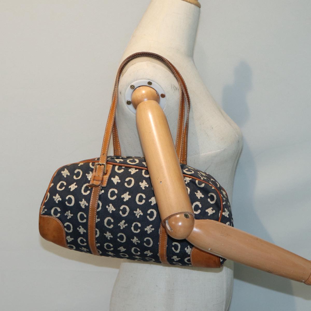 CELINE C Macadam Canvas Hand Bag Navy Gold Auth 87034