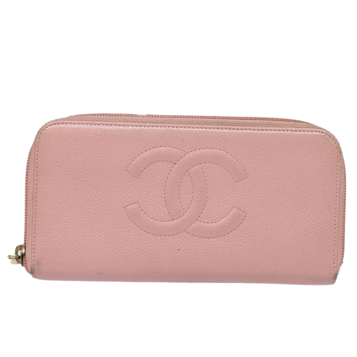 CHANEL COCO Mark Long Wallet Caviar Skin Pink Gold CC Auth 87035