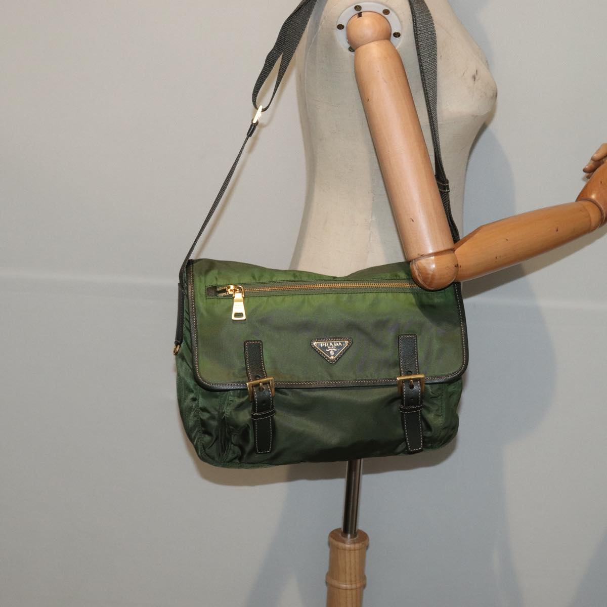 PRADA Shoulder Bag Nylon Khaki Gold Auth 87039