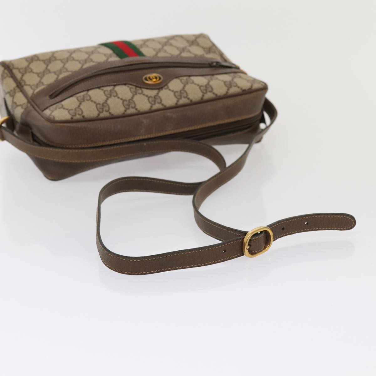 GUCCI GG Supreme Web Sherry Line Shoulder Bag PVC Leather Beige Gold Auth 87052