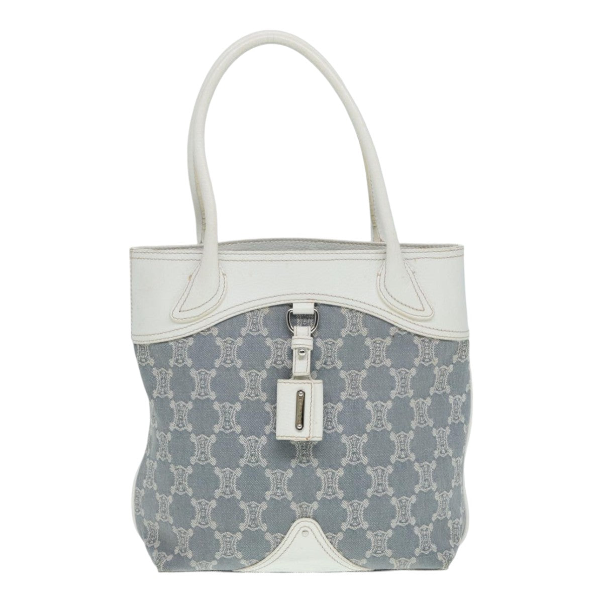 CELINE Paris Macadam Canvas Tote Bag Leather Blue White Silver Auth 87066 - 0