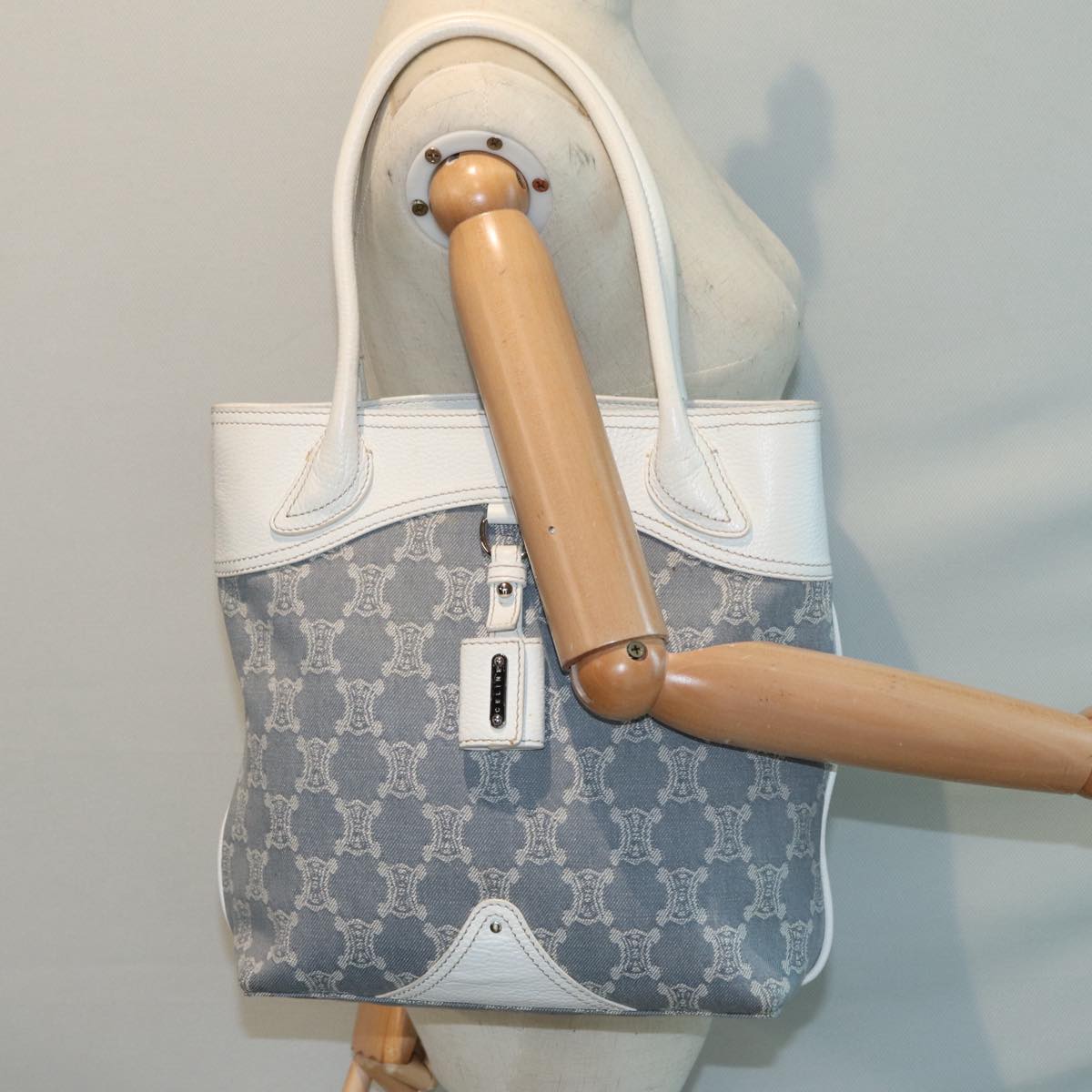 CELINE Paris Macadam Canvas Tote Bag Leather Blue White Silver Auth 87066