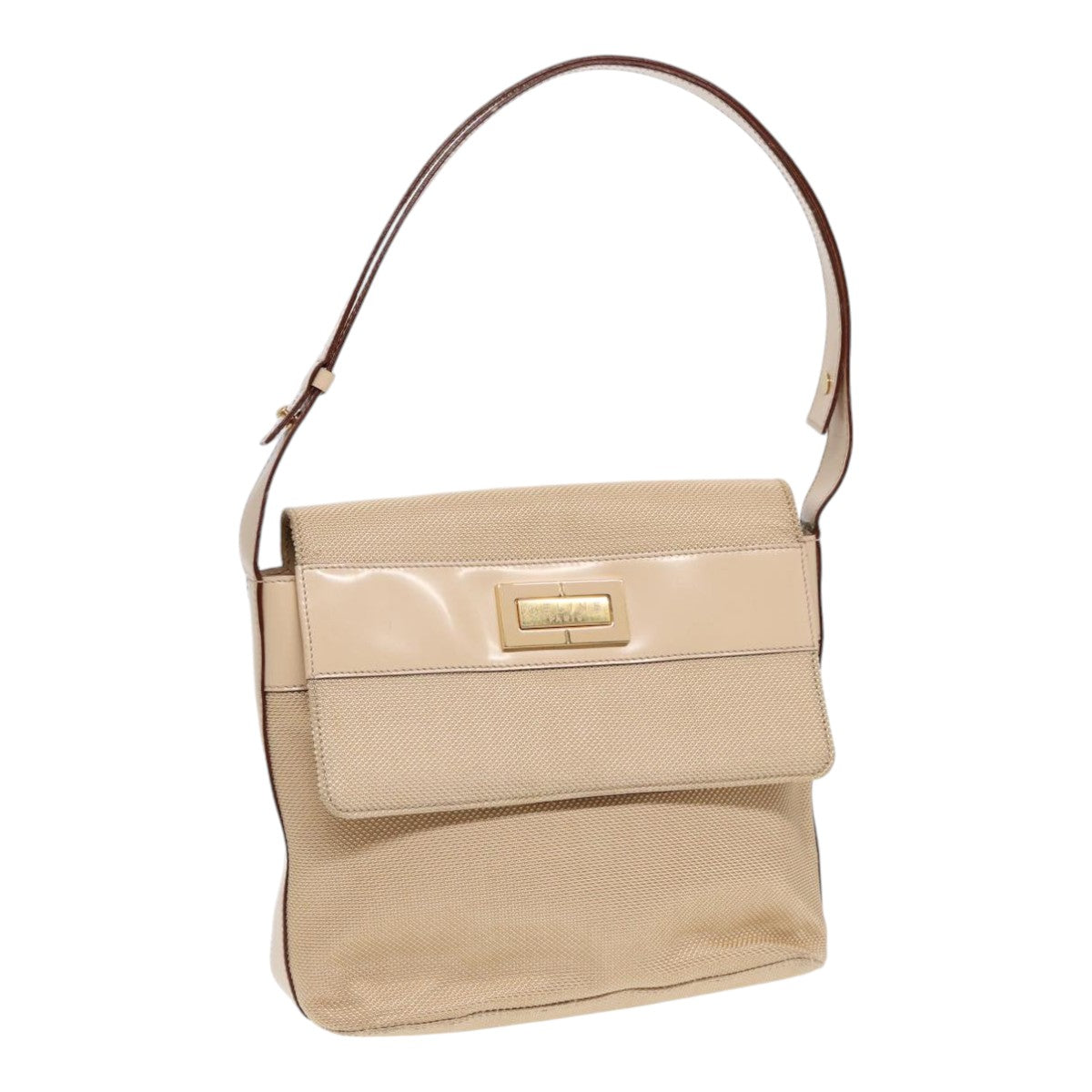 CELINE Shoulder Bag Nylon Beige Gold Auth 87076