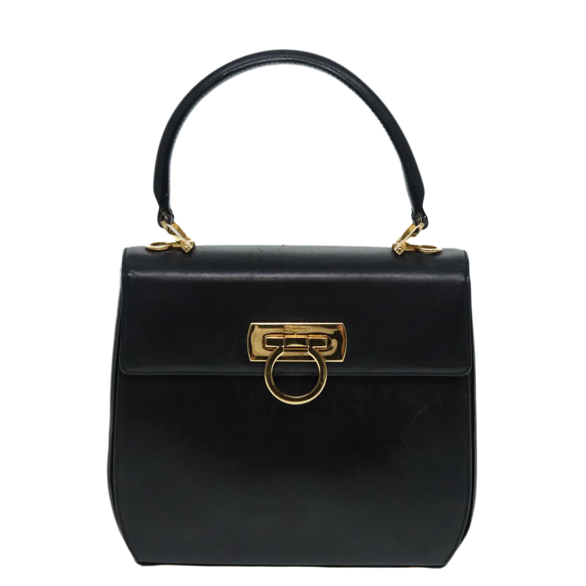 Salvatore Ferragamo Gancini Hand Bag Leather Black Gold Auth 87092 - 0