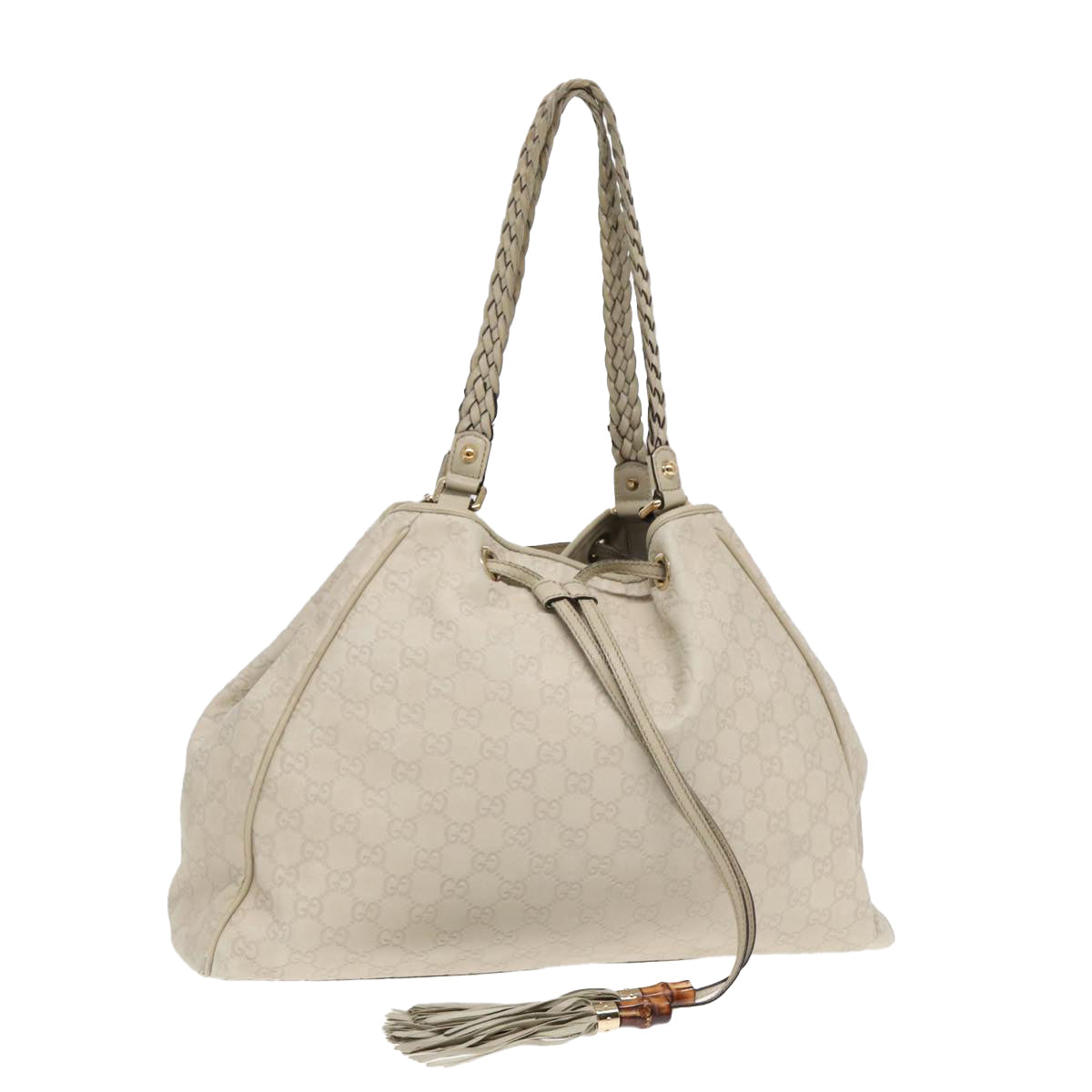 GUCCI GG Canvas Guccissima bamboo Shoulder Bag Leather White Gold Auth 87104