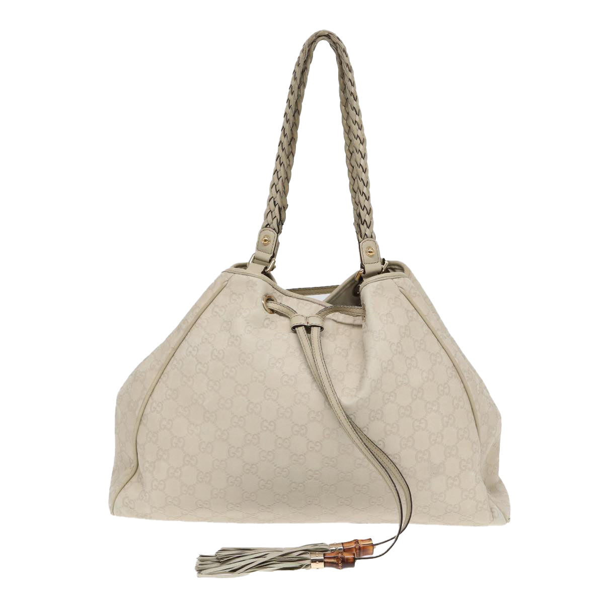 GUCCI GG Canvas Guccissima bamboo Shoulder Bag Leather White Gold Auth 87104