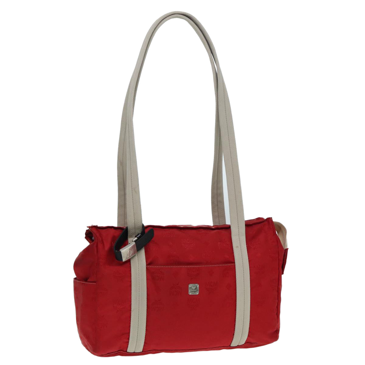 MCM Vicetos Logogram Tote Bag Nylon Red Silver Auth 87119