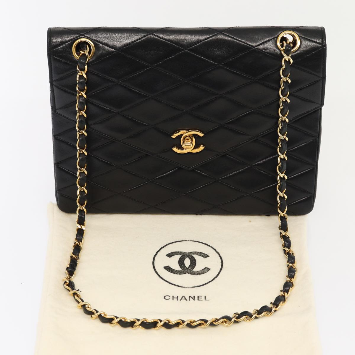 CHANEL Matelasse Turn Lock Chain Hand Bag Lamb Skin Black Gold CC Auth 87124A