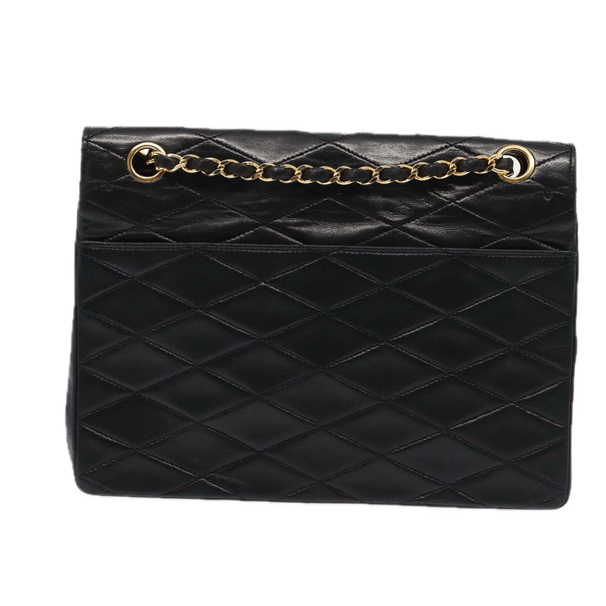 CHANEL Matelasse Turn Lock Chain Hand Bag Lamb Skin Black Gold CC Auth 87124A