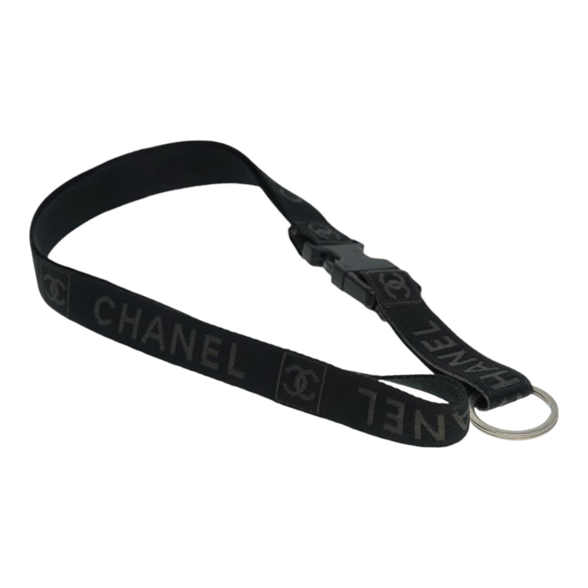 CHANEL Neck Strap Nylon Black Silver CC Auth 87128