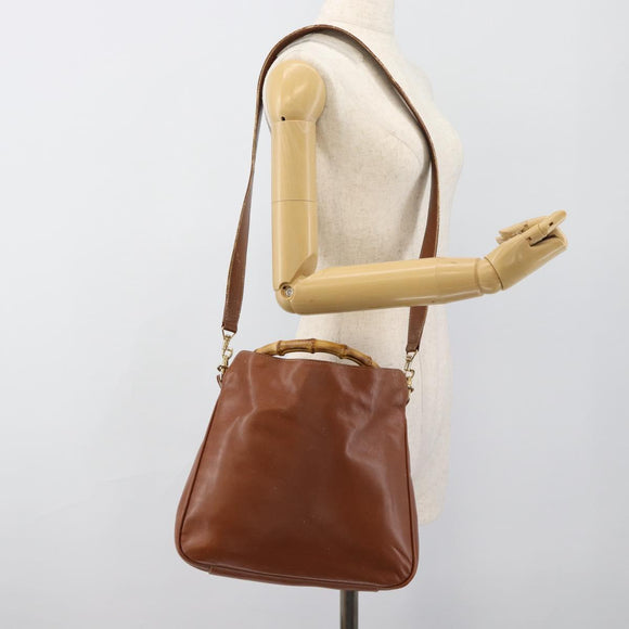 GUCCI Bamboo Hand Bag Leather 2way Brown Gold 001 1638 2615 Auth 87155