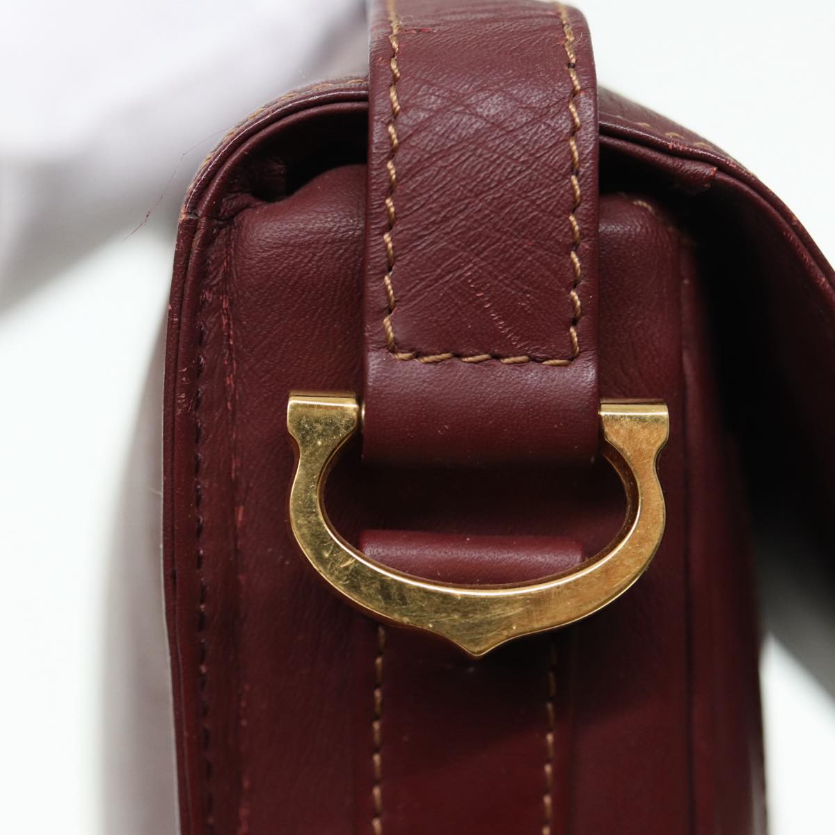 CARTIER Shoulder Bag Leather Bordeaux Gold Auth 87189