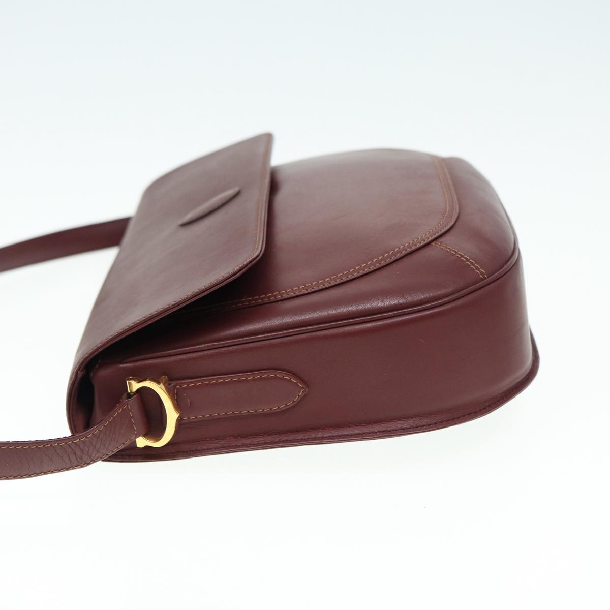 CARTIER Shoulder Bag Leather Bordeaux Gold Auth 87189