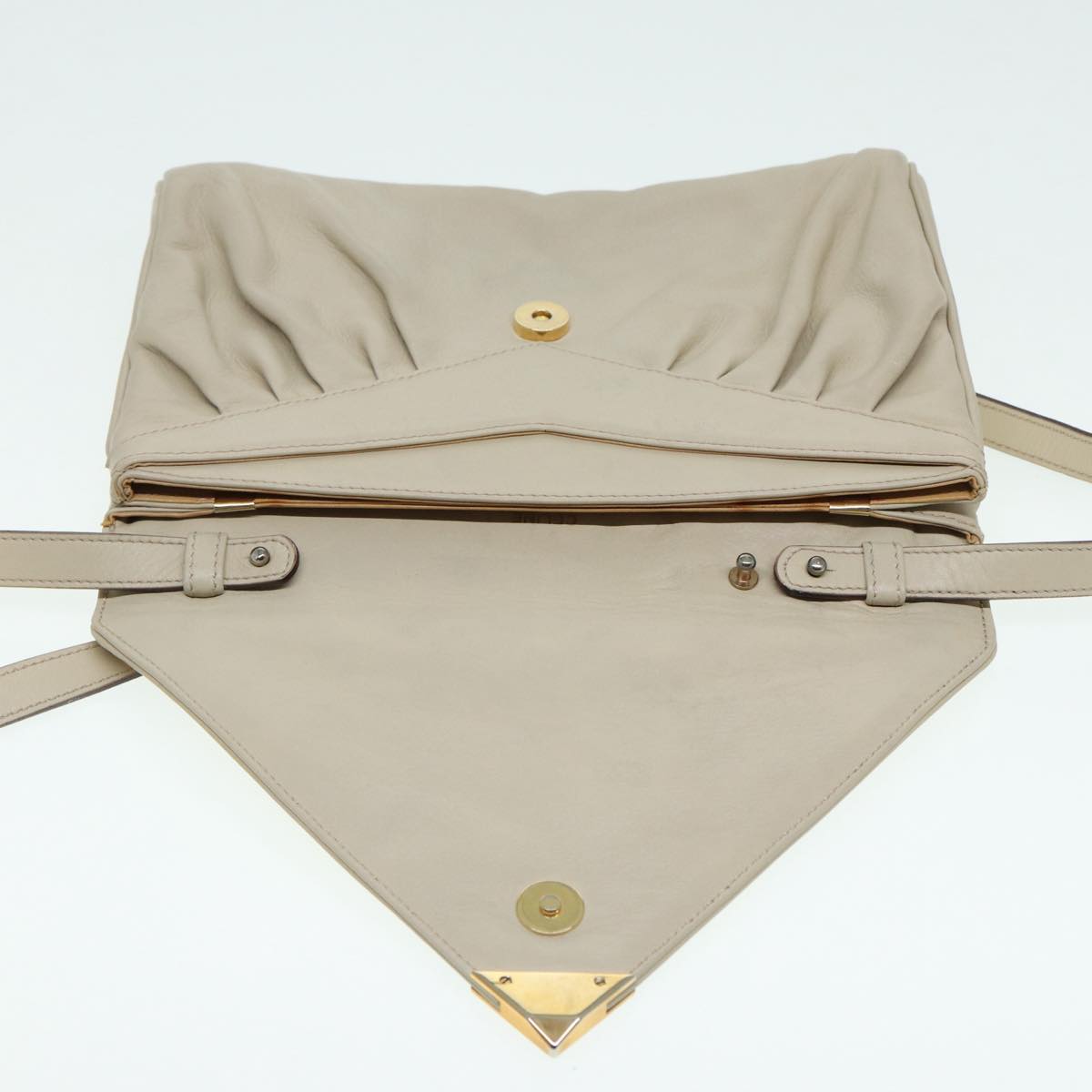 CELINE Shoulder Bag Leather Cream Gold Auth 87192