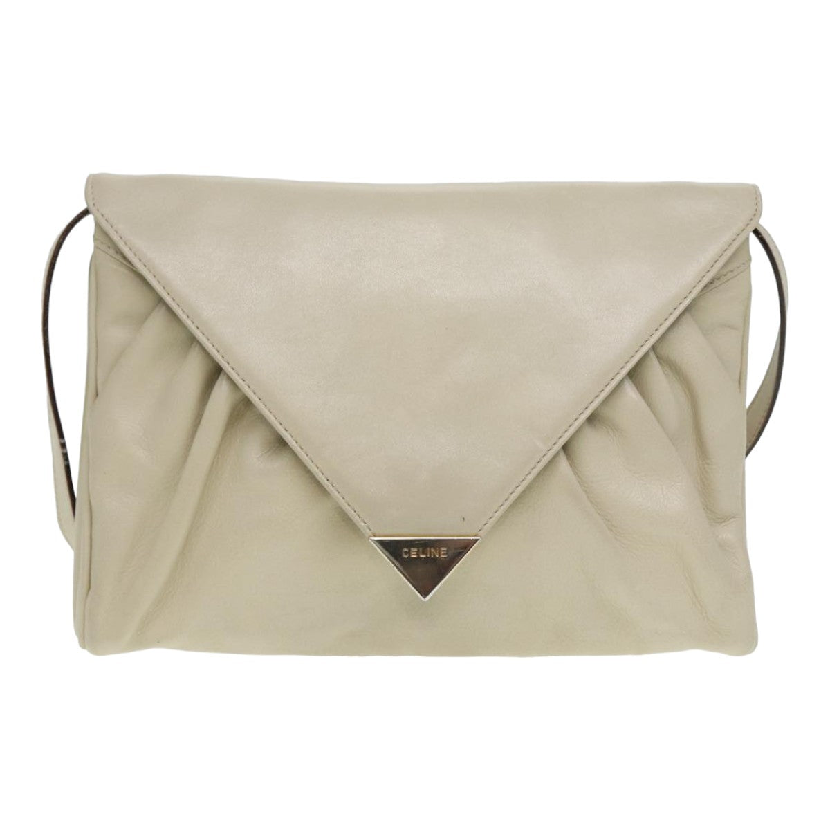 CELINE Shoulder Bag Leather Cream Gold Auth 87192