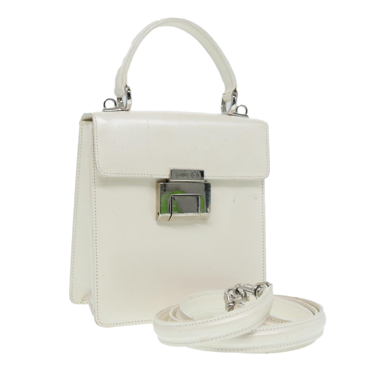 GUCCI Hand Bag Leather 2way White Silver Auth 87204